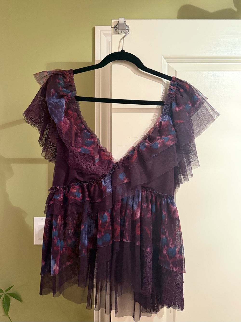 Anthropologie Plum Floral Ruffle Lace Mesh Top XL